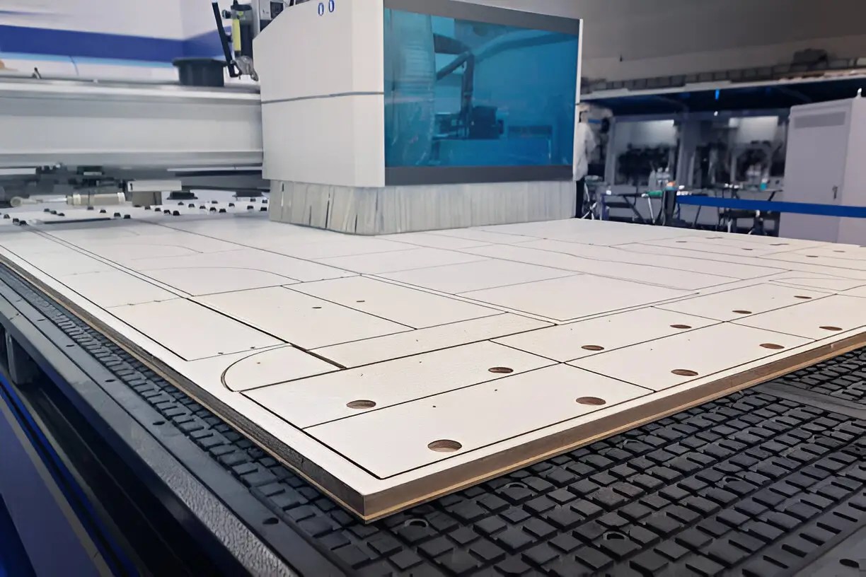 CNC machine cutting flat-pack cabinet components, showcasing precision craftsmanship for Canadian-made cabinetry