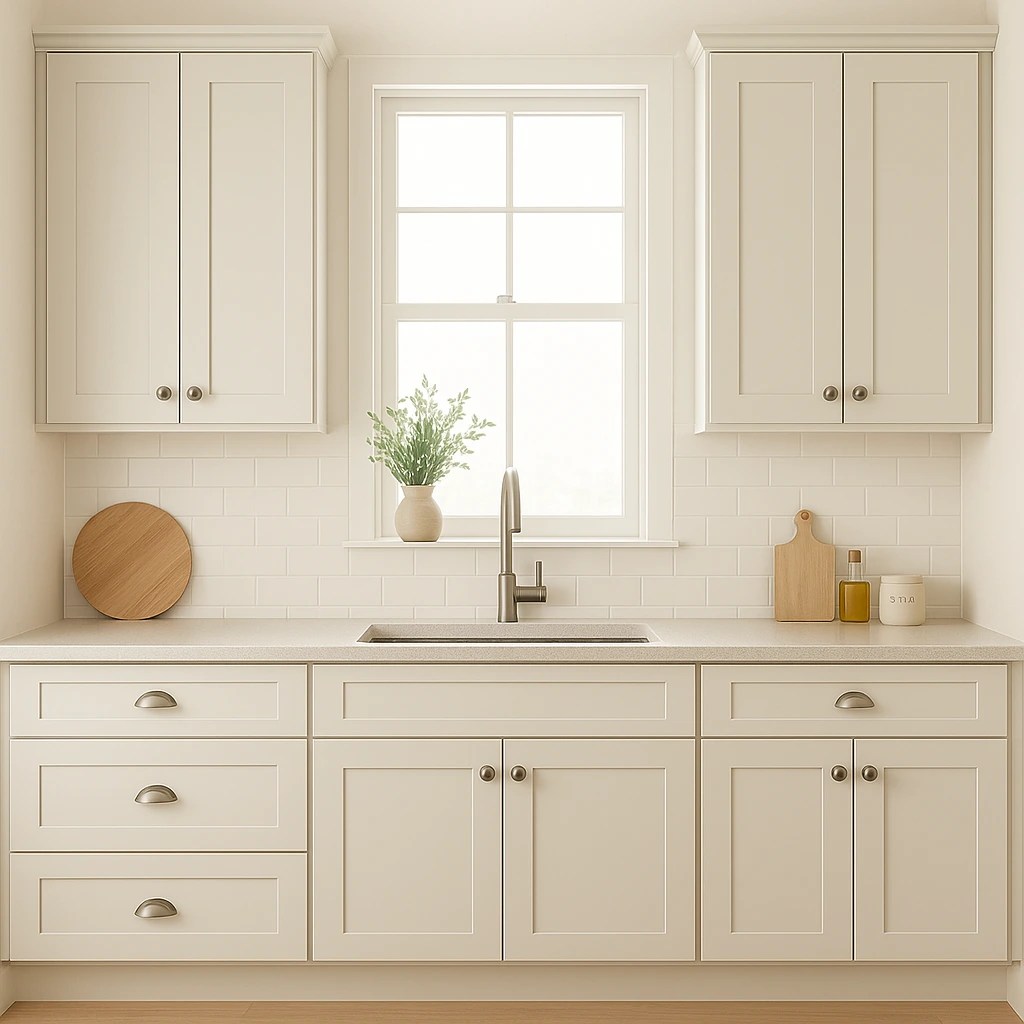 Shaker-style kitchen cabinets in a light finish, featuring recessed panel doors, paired with a modern faucet and minimal decor, ideal for transitional and contemporary spaces.