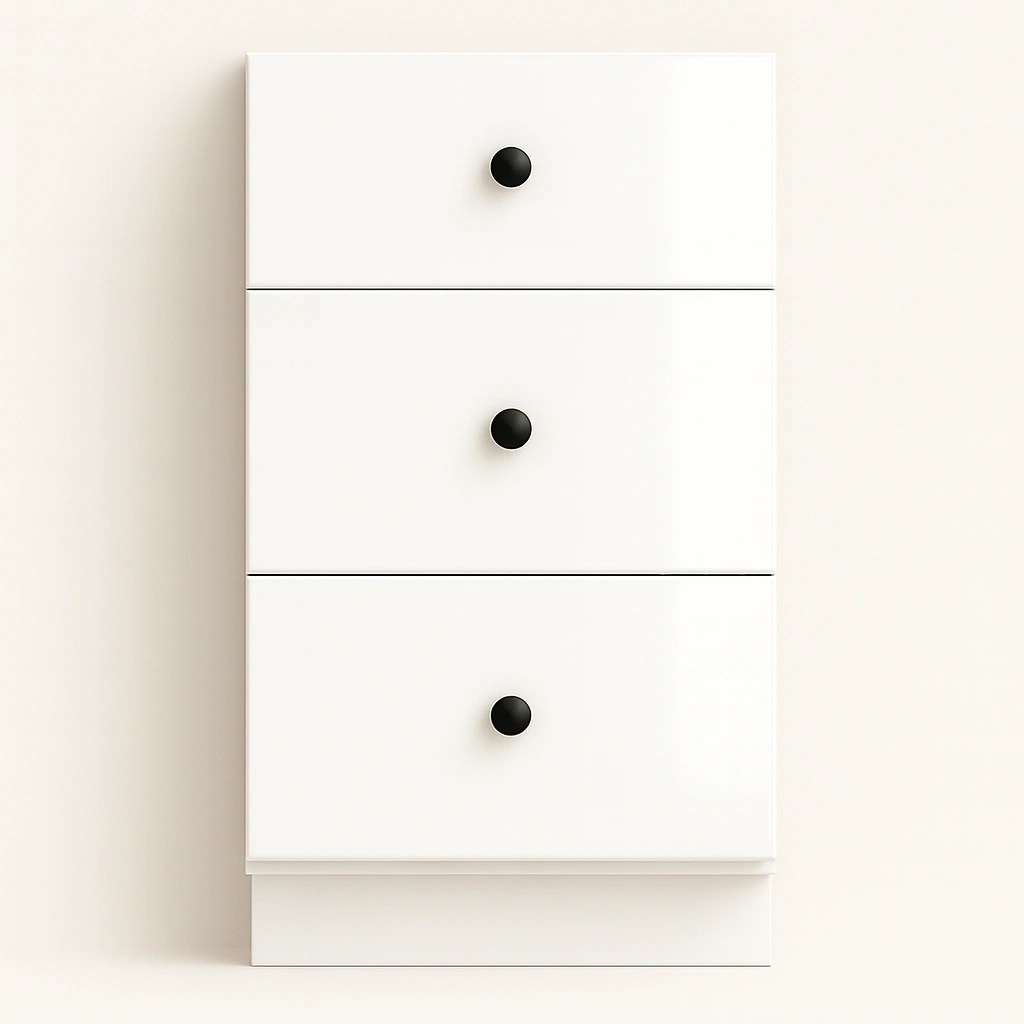 Three-drawer white cabinet with black knobs, showcasing Ready-to-Install (RTI) cabinetry features for renovation projects.
