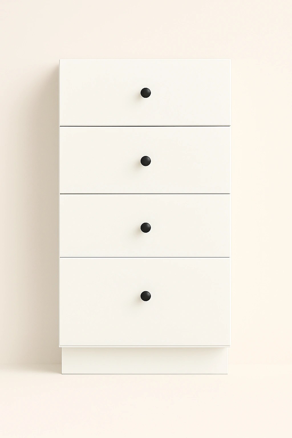 Four-drawer white cabinet with black knobs, showcasing Ready-to-Install (RTI) cabinetry features for renovation projects.