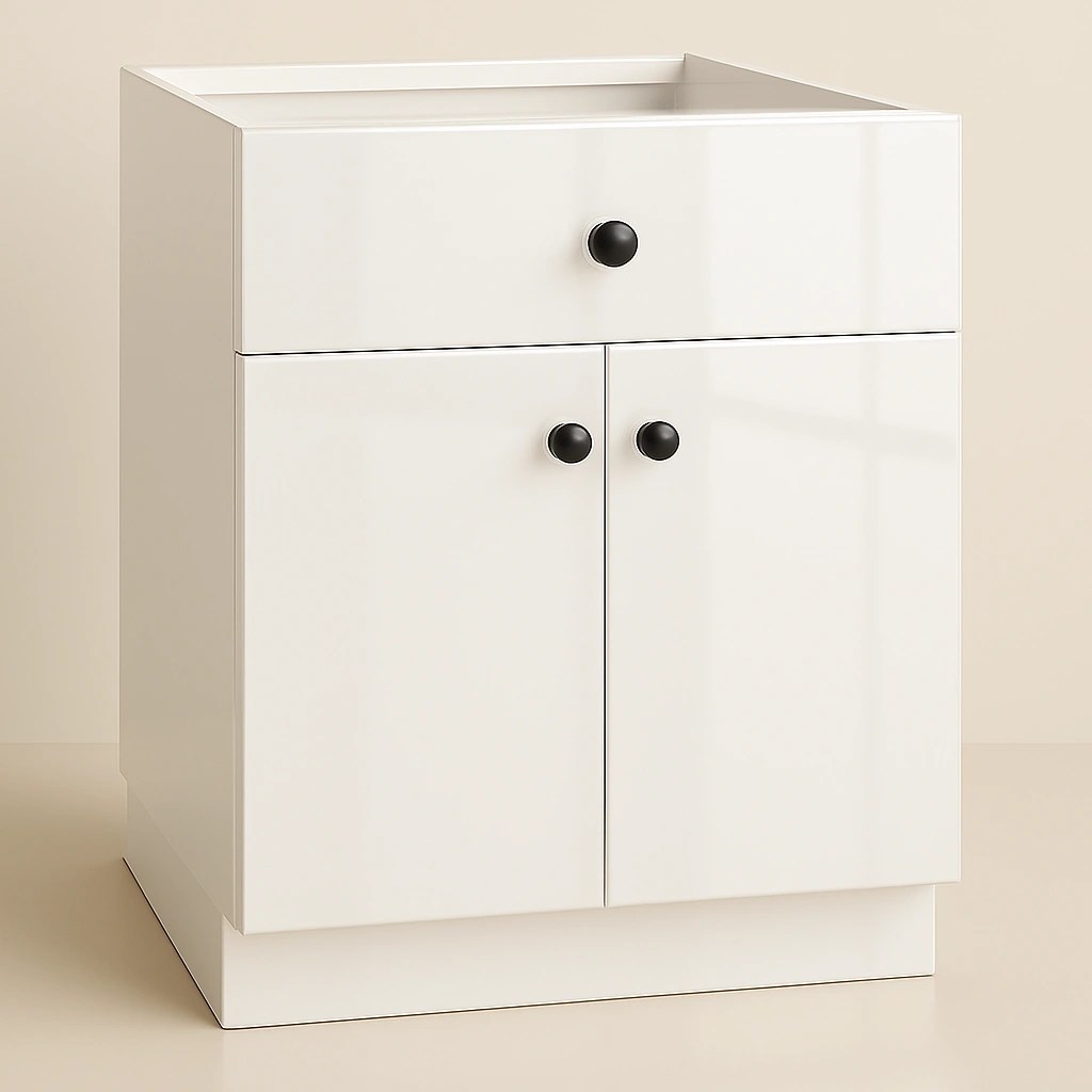 Canadian RTI Cabinets high gloss Base Cabinet with drawern on top in white finish with white knobs, designed for maximizing kitchen storage solutions.