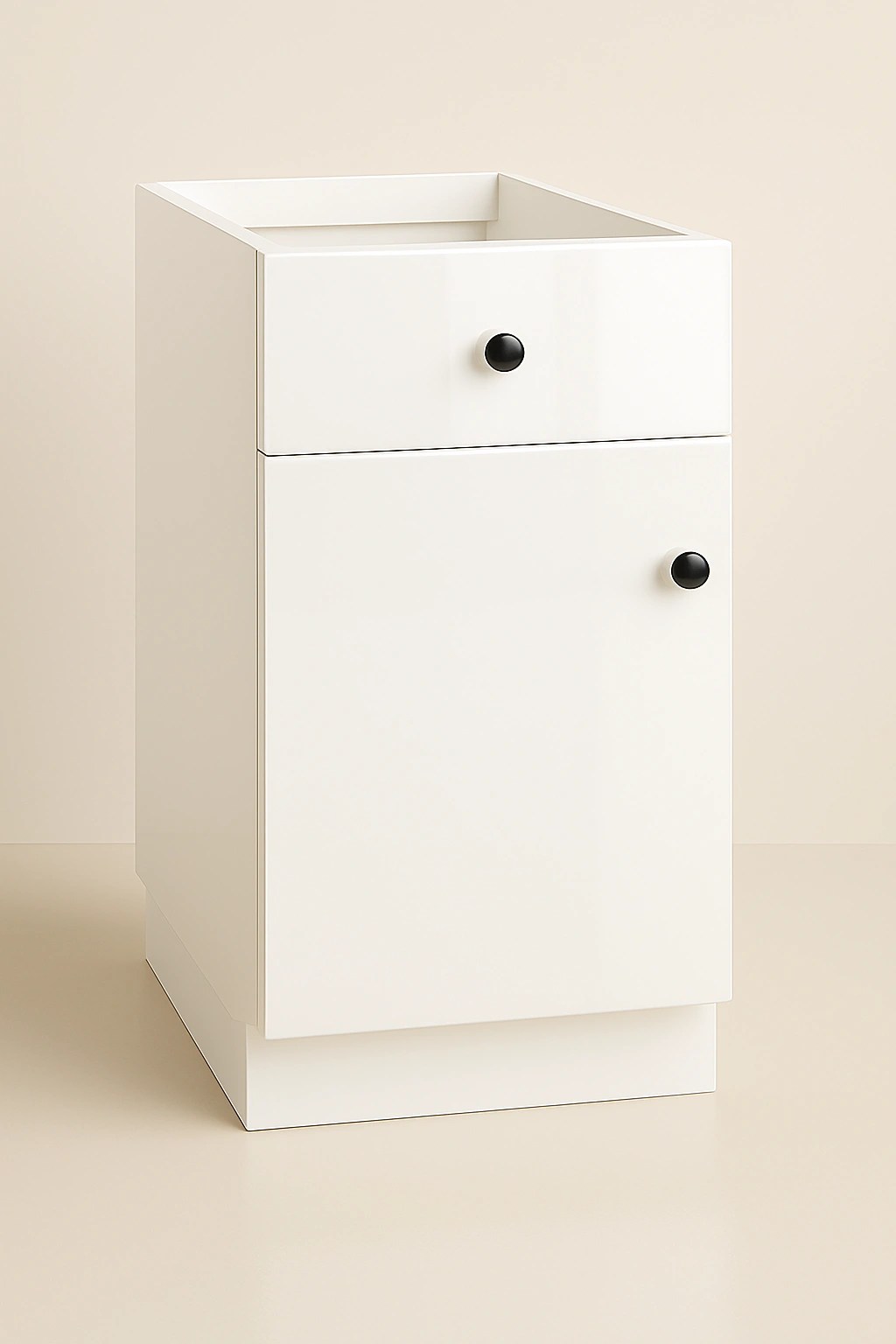 Canadian RTI Cabinets high gloss Base Cabinet with drawern on top in white finish with white knobs, designed for maximizing kitchen storage solutions.