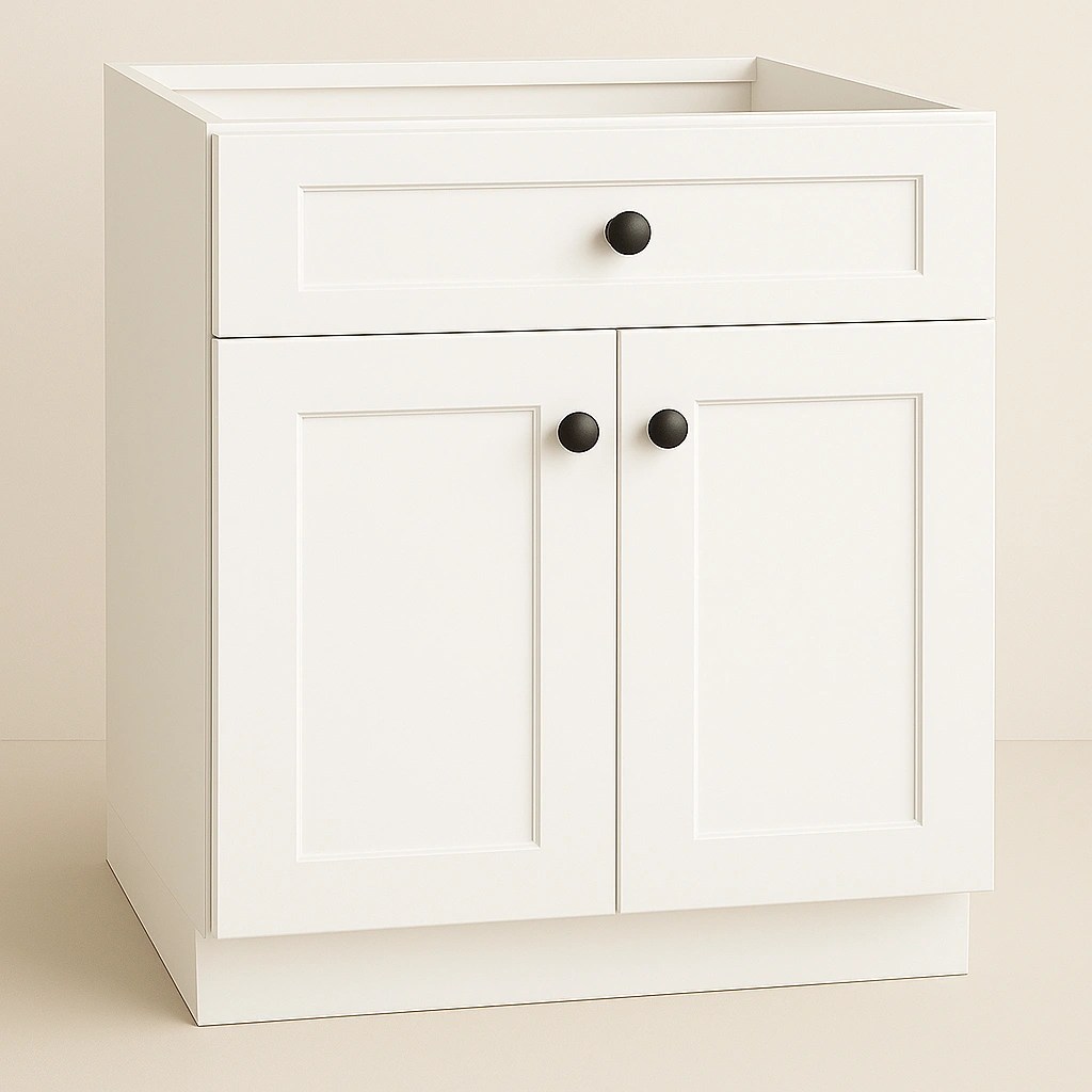 Canadian RTI Cabinets shaker Base Cabinet with drawern on top in white finish with white knobs, designed for maximizing kitchen storage solutions.