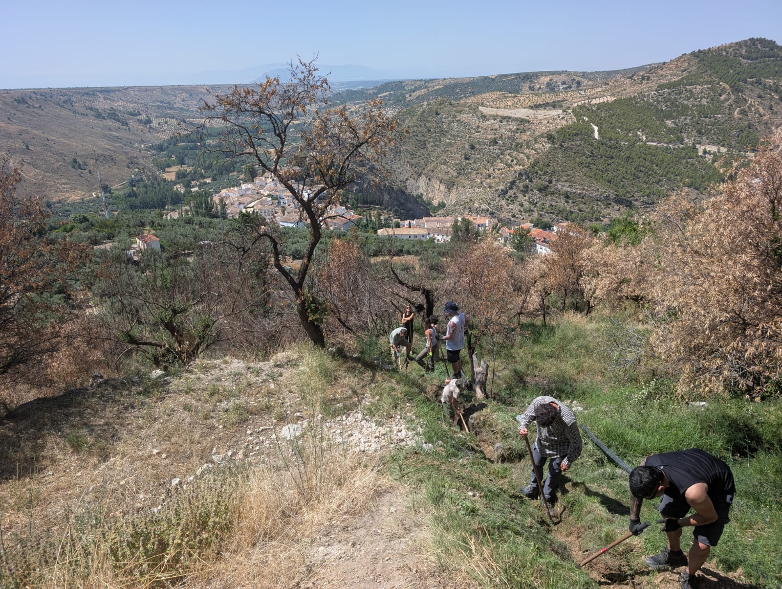 Voluntariado ambiental limpiando una acequia histórica en un entorno rural para conservar patrimonio hidráulico