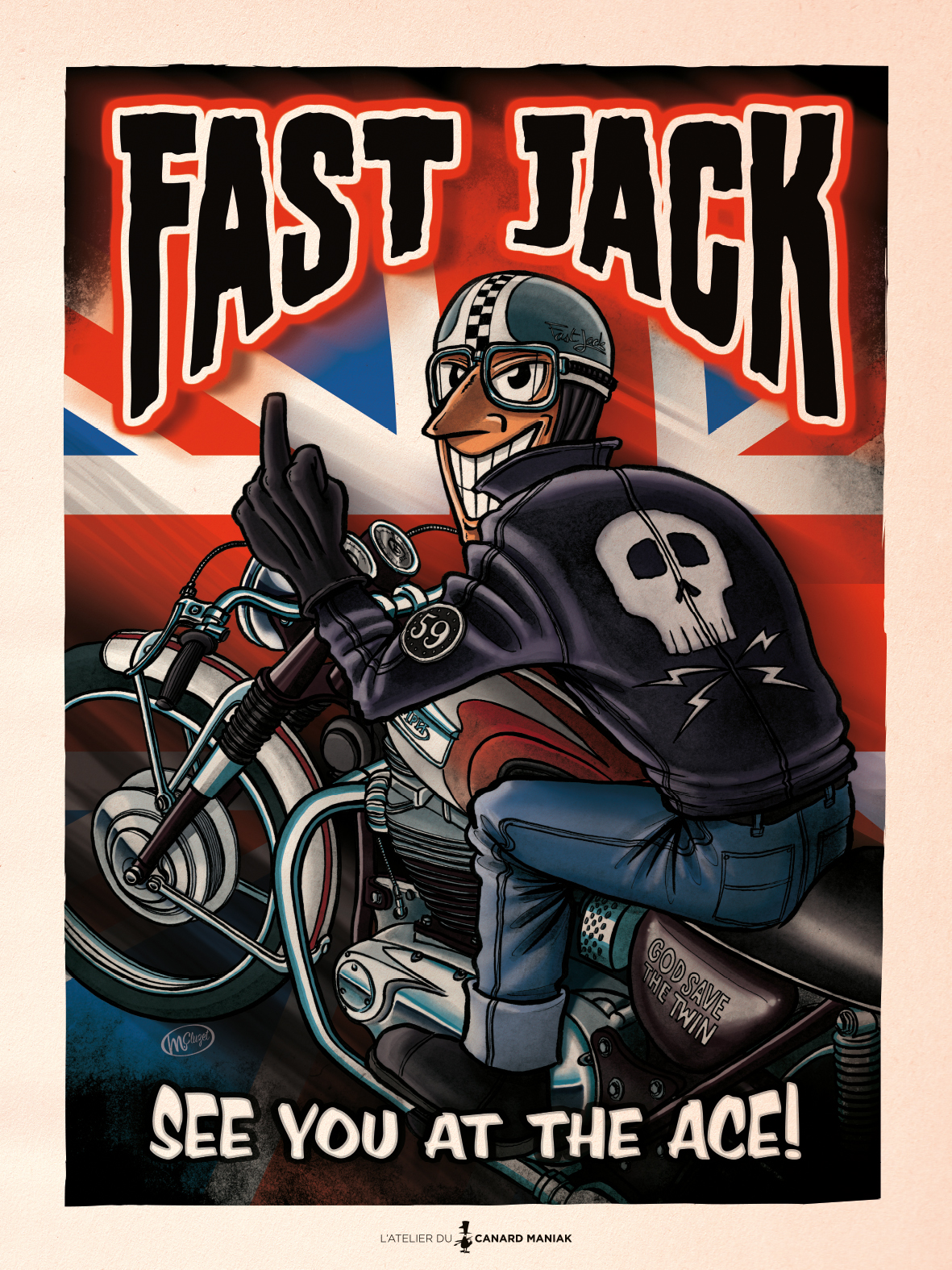 Affiche vintage Fast Jack de Canard Maniak pour une décoration murale dans une ambiance café-racer et garage rétro.
