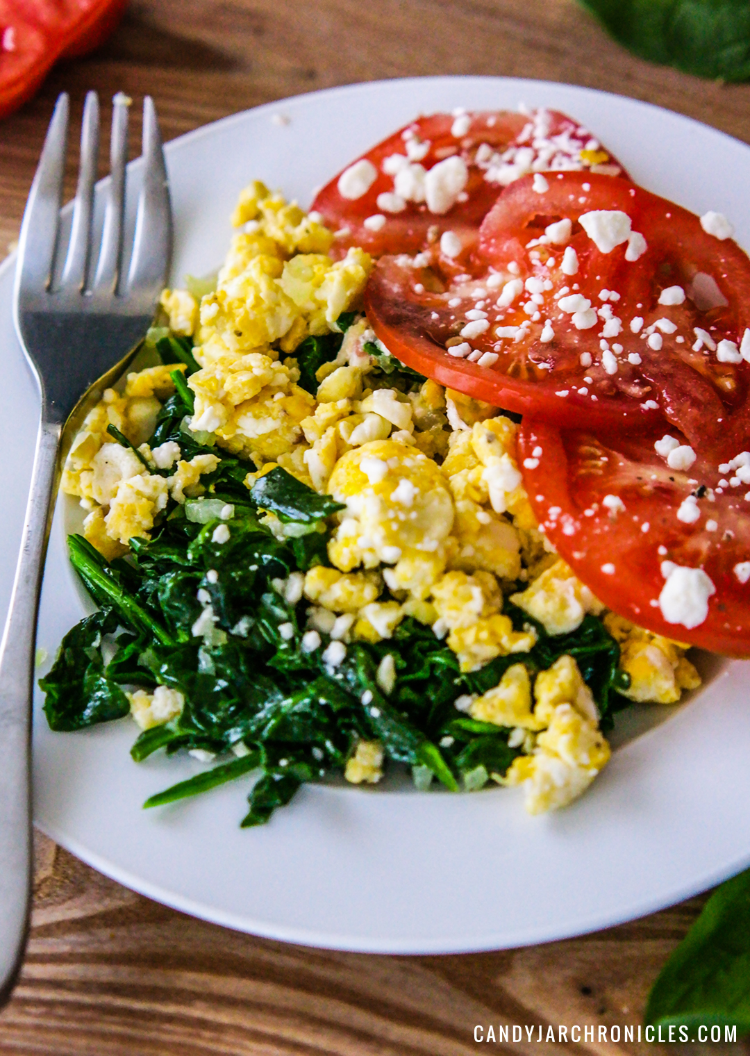 Spinach and Feta Scrambled Eggs with Tomatoes - Candy Jar Chronicles