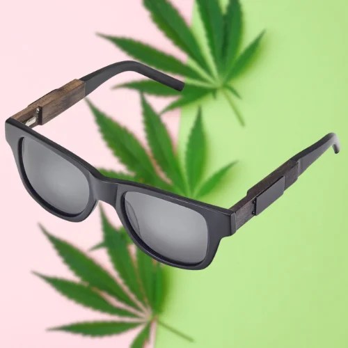 smoking shades sunglasses on a pink and green background with cannabis leaves