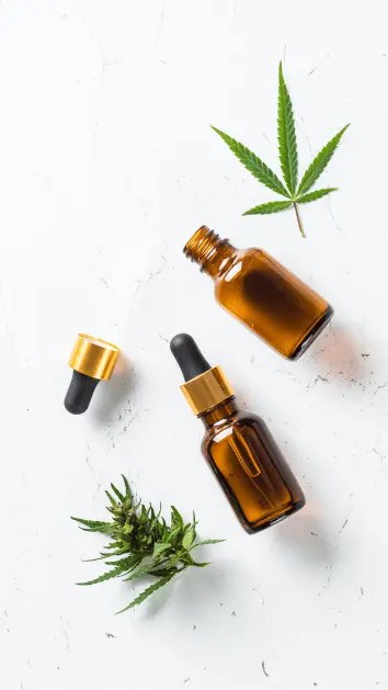 bottles of CBD oil, cannabis flower and leaf on white background