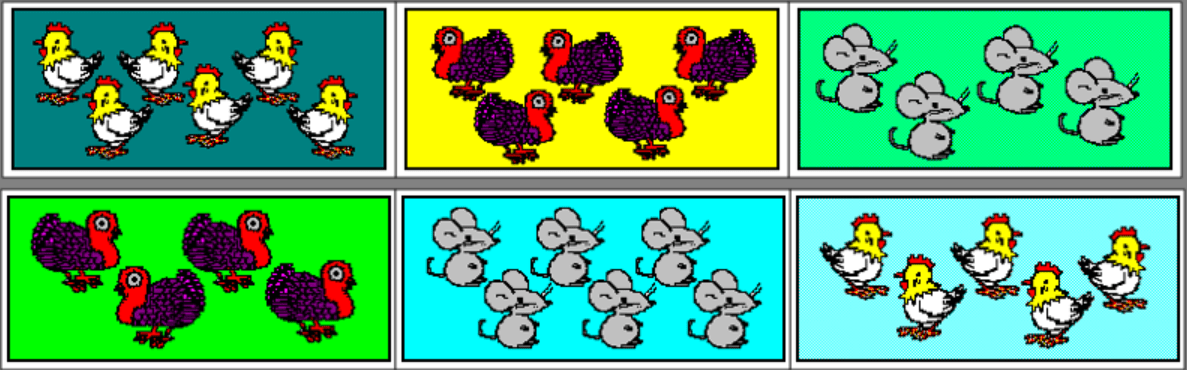 2 linhas com três rectângulos cada (com 4 ratos, 5 perus e 6 galinhas)