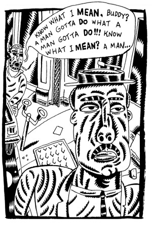 Derf Backderf, “A Man Gotta Do,” 1991, excerpt from “The City” comic strip, pen and ink. Courtesy of the artist.
