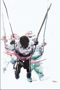 Darius Steward, “Back N 4th (The Motion),” 2015, ink and watercolor on yupo, 42 x 30 inches. Courtesy of the artist.