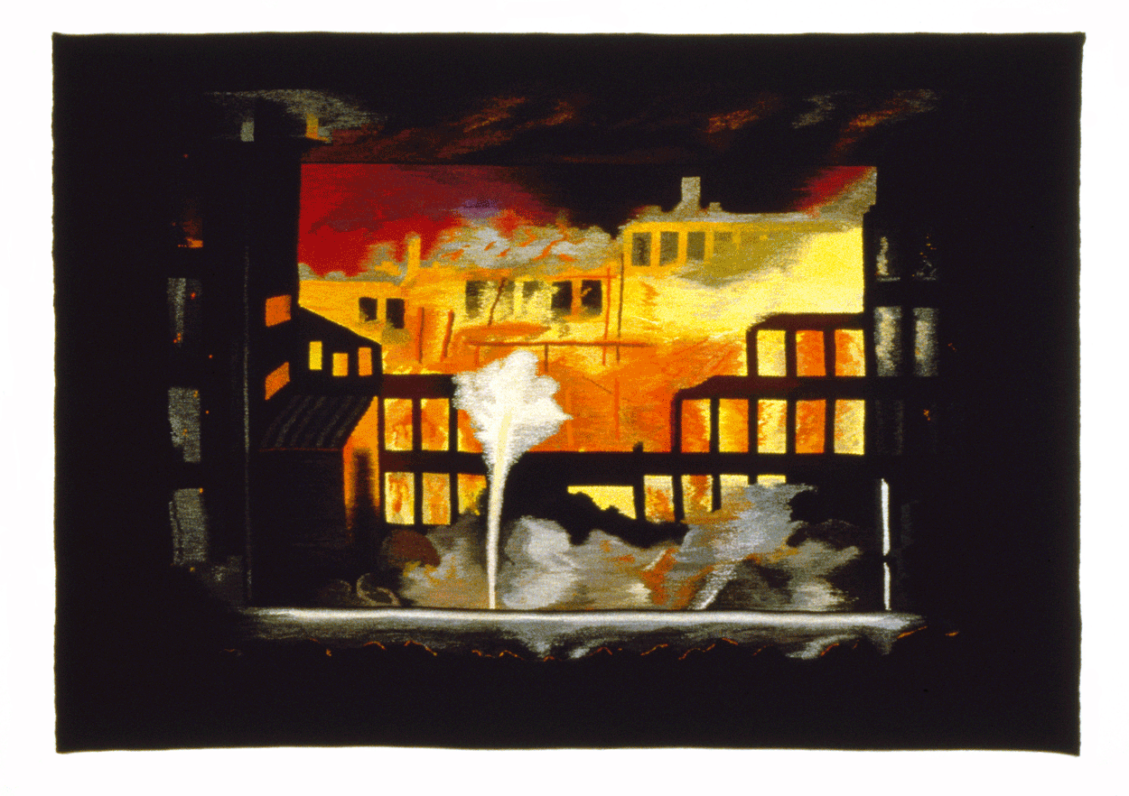 “Collateral Damage” by Lilian Tyrrell, 1992; Wool, silk, metallic thread and linen; 84 x 120 inches. Courtesy of The Sculpture Center.