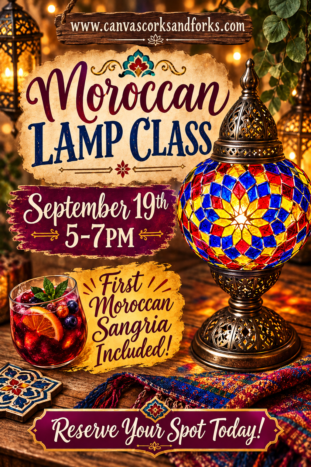 Poster for a Moroccan lamp class with date September 19th, 5–7 PM; sangria included; call to reserve your spot.