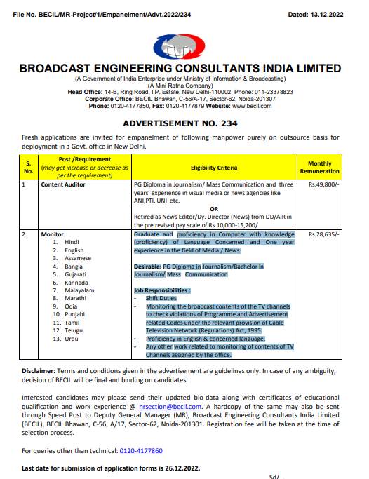 GOVT Broadcast Engineering Consultants India Limited(BECIL