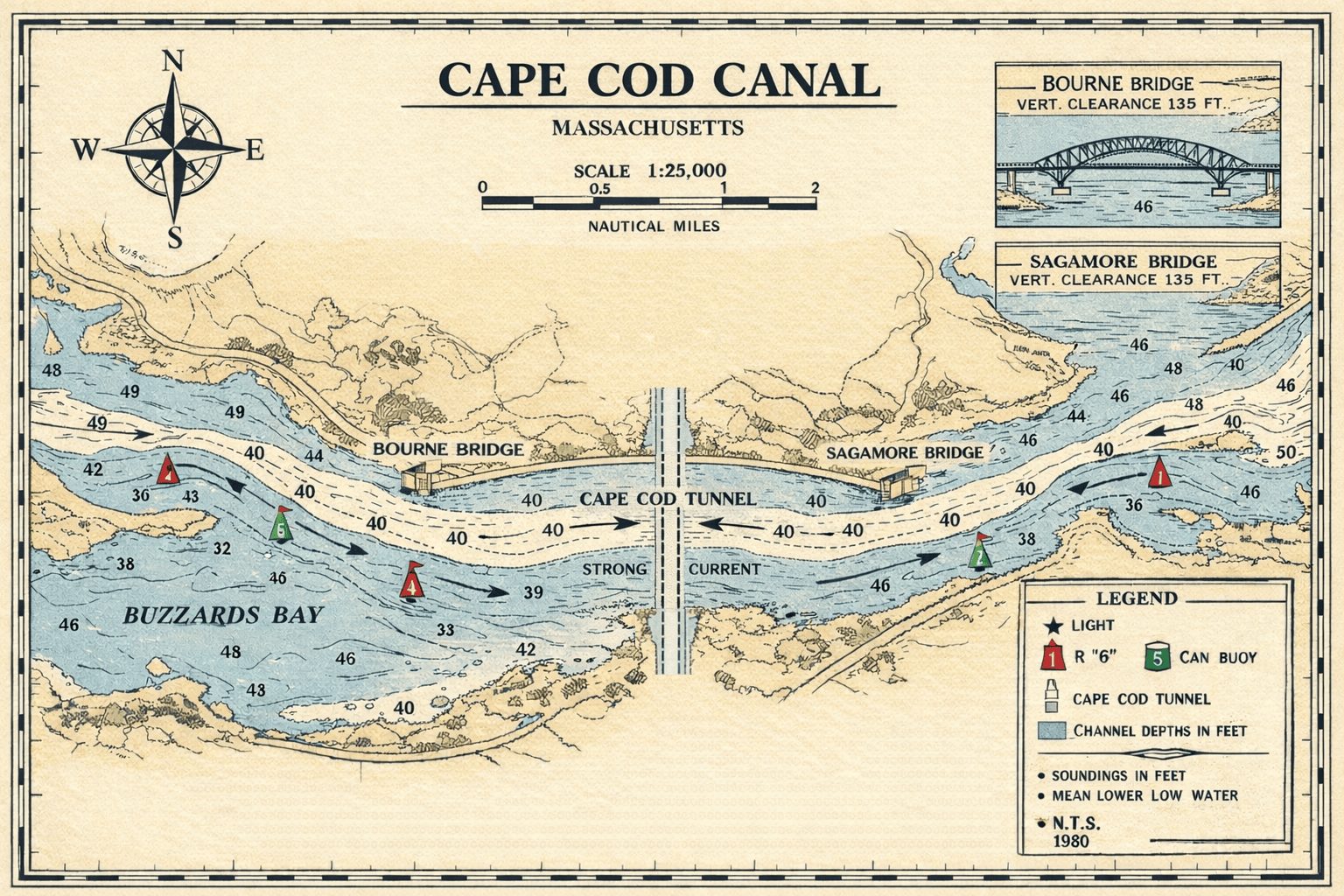 Cape Cod Canal Tunnel Nautical Map (Circa 1980)