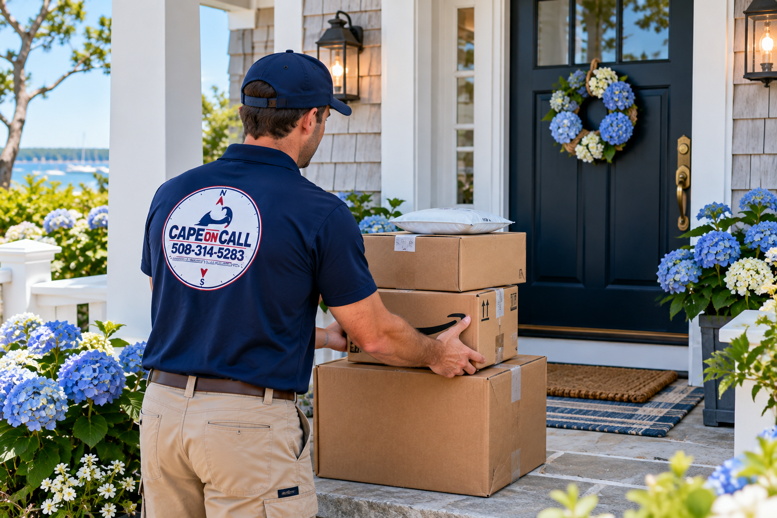 Cape On Call crew member delivering packages to a Cape Cod home
