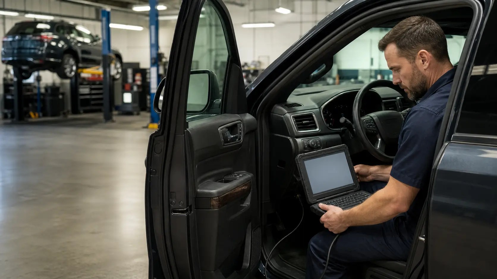 Automotive technician programming a vehicle control module at Capitaland Auto Service