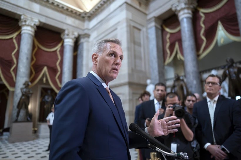 FILE - Speaker of the House Kevin McCarthy, R-Calif., talks to reporters at the Capitol in Washington, Monday, July 17, 2023. McCarthy faces a political standoff when the House resumes this week. He needs to steer the House to fund the government and avoid a government shutdown. But he’s also trying to launch an impeachment inquiry into President Joe Biden over his son Hunter Biden’s business dealings. (AP Photo/J. Scott Applewhite, File)