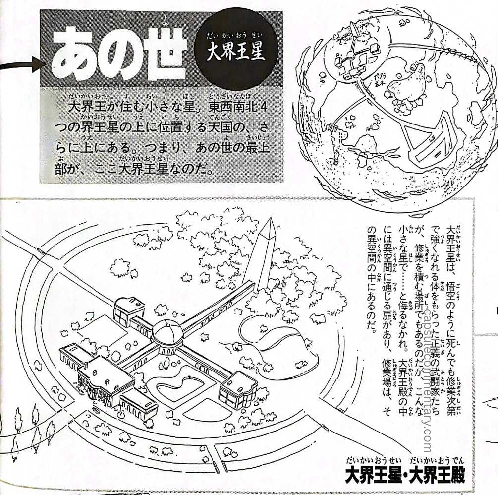 Jump Anime Library 1: Dragon Ball Z Movie 12 page 66. "The Other World. Dai Kaiō's Planet. A small planet where the Dai Kaiō lives. It is located even above Heaven, which is above the four Kaiō planets of East, West, South and North. In other words, the uppermost part of the Other World is this Dai Kaiō's Planet. The Dai Kaiō's Planet is also a place where righteous martial artists who, like Goku, have received bodies that can grow stronger even after death through training, accumulate their training — but do not underestimate it for being such a small planet. Inside the Dai Kaiō's Palace there is a door leading to another dimension, and the training ground is located within that other dimension."