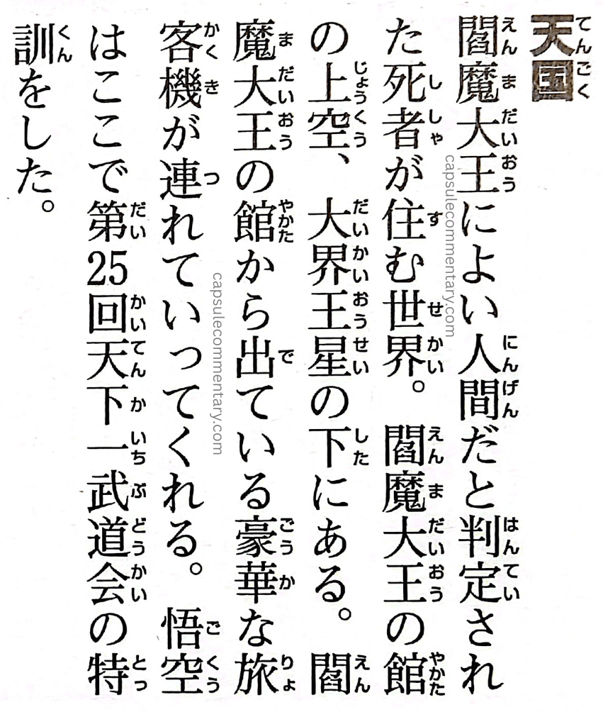 Dragon Ball: Chōzenshū 4 page 52. "Heaven. 【工】 The world in the afterlife where good people live. 【事】 Goku trained here during the special training period of the 25th World Martial Arts Tournament. 【ア】 Among the dead sorted and divided by Enma Daiō, the good people gather here, and it has roughly the same vastness as the universe itself. It's a flower field, one side of which stretches on and on."
