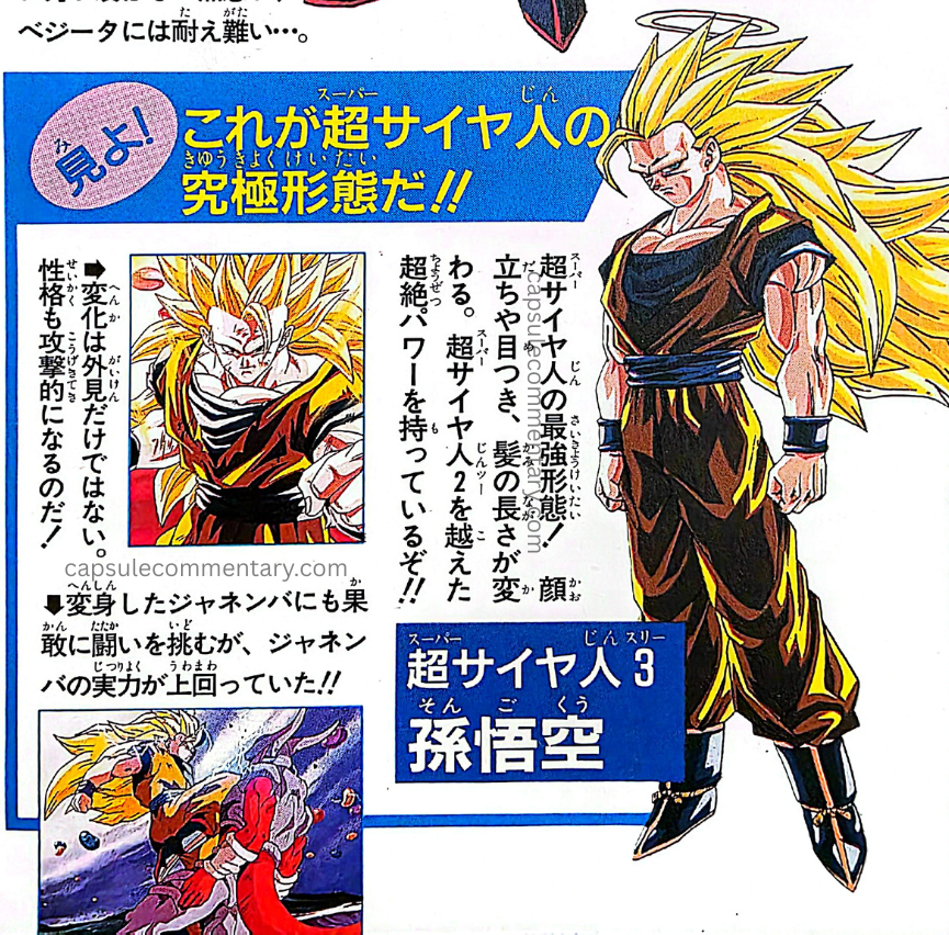 Dragon Ball Z: Fusion Reborn Anime Comic page 10. "Super Saiyan 3 Son Goku. The strongest form of the Super Saiyan! His standing posture, the look in his eyes, and the length of his hair change. He possesses transcendent power surpassing Super Saiyan 2!! He boldly challenges the transformed Janemba to a fight, but Janemba's ability was superior!!"