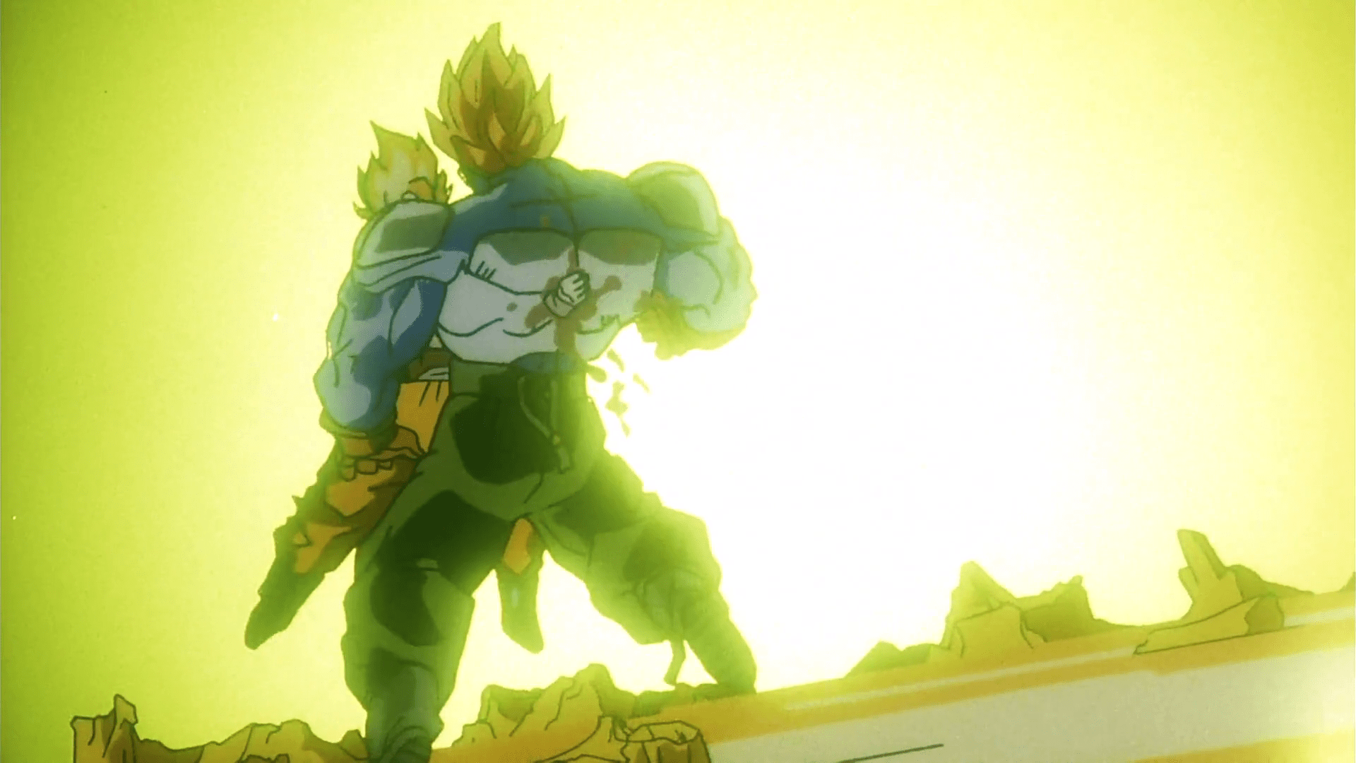 Goku punches through Super Android 13 while the Genki-dama surrounds them in Dragon Ball Z: Super Android 13!