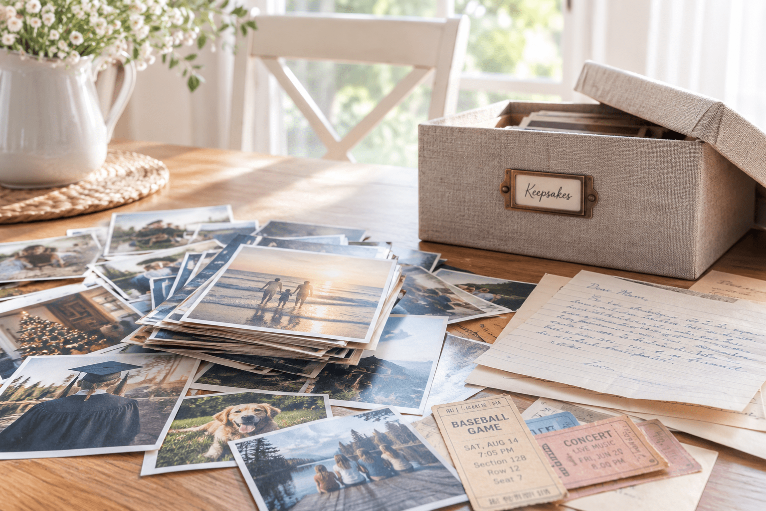 Sentimental items being organized in a keepsake box 