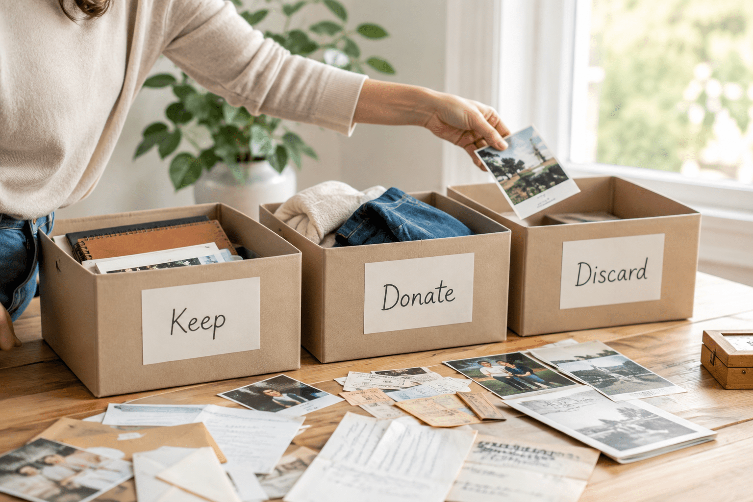 Sorting boxes for decluttering - keep, donate, and discard. 