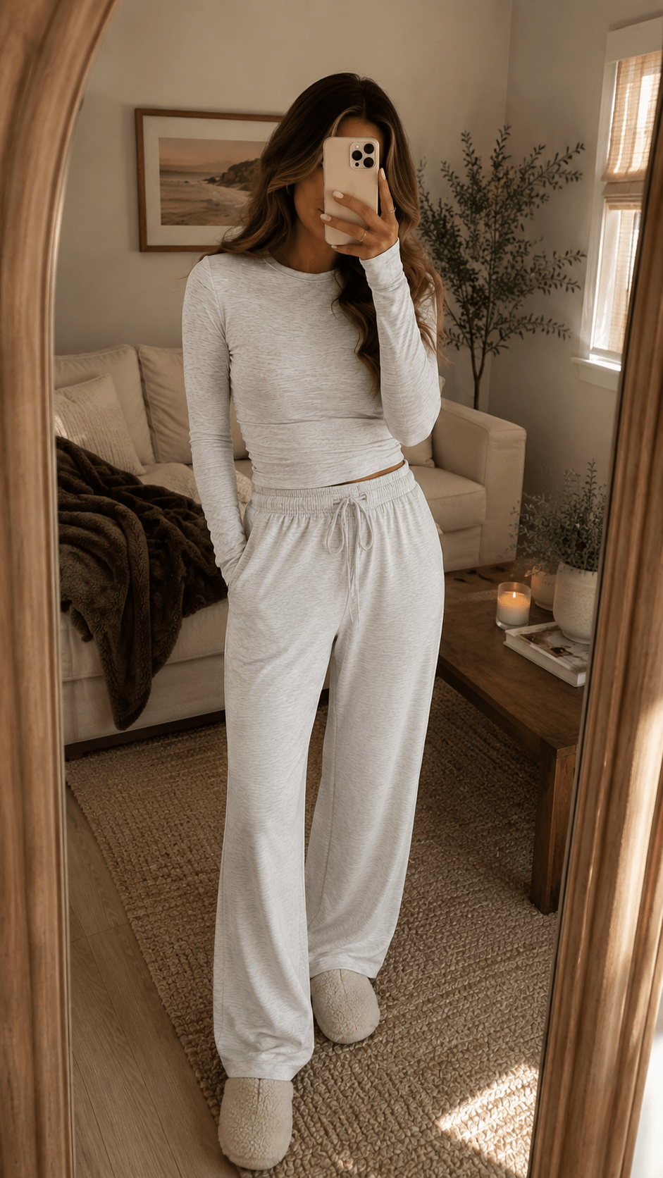 Woman wearing a cozy heather gray matching loungewear set with wide-leg pants