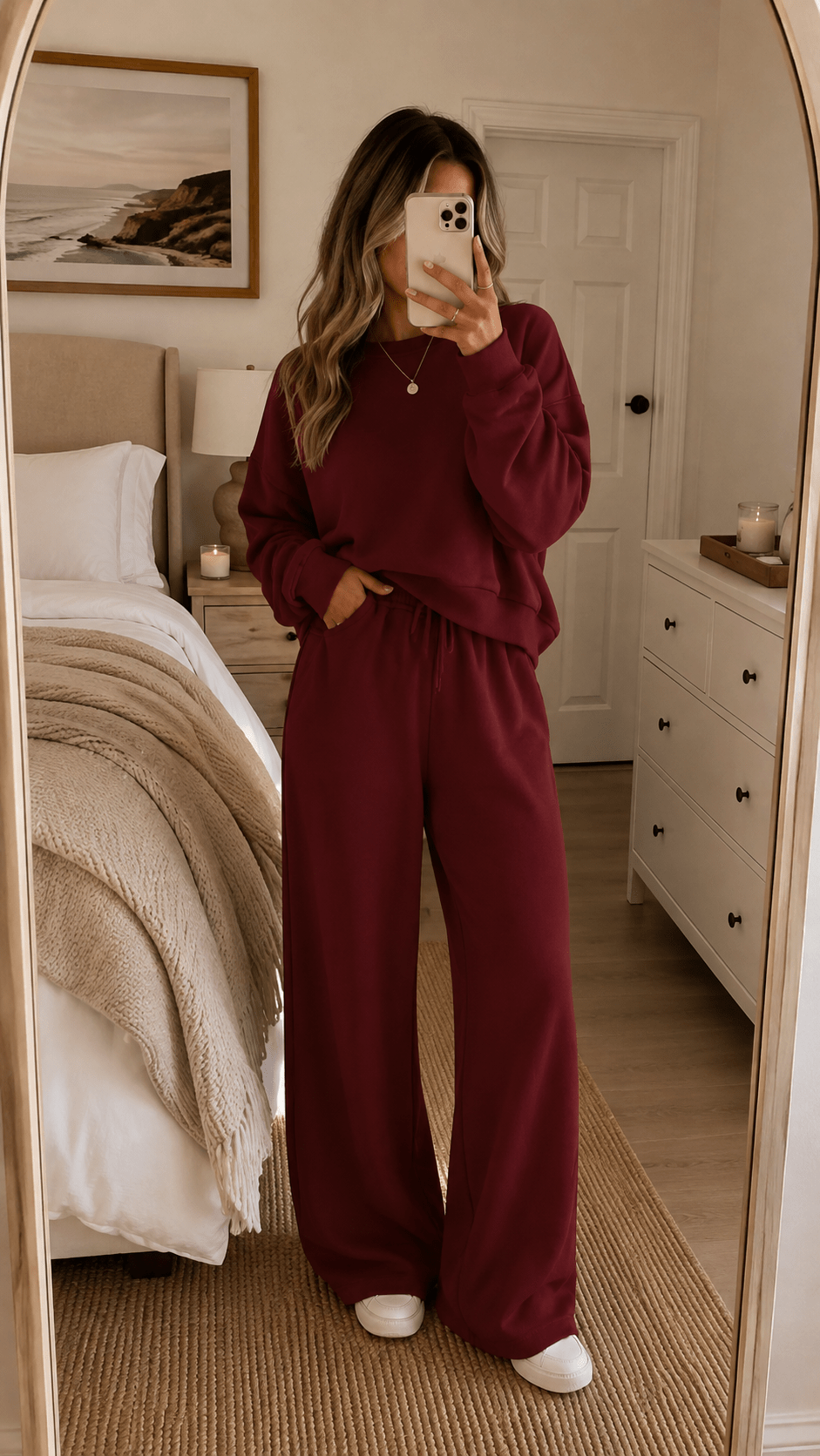 Burgundy matching sweatshirt and wide-leg sweatpants lounge set for women