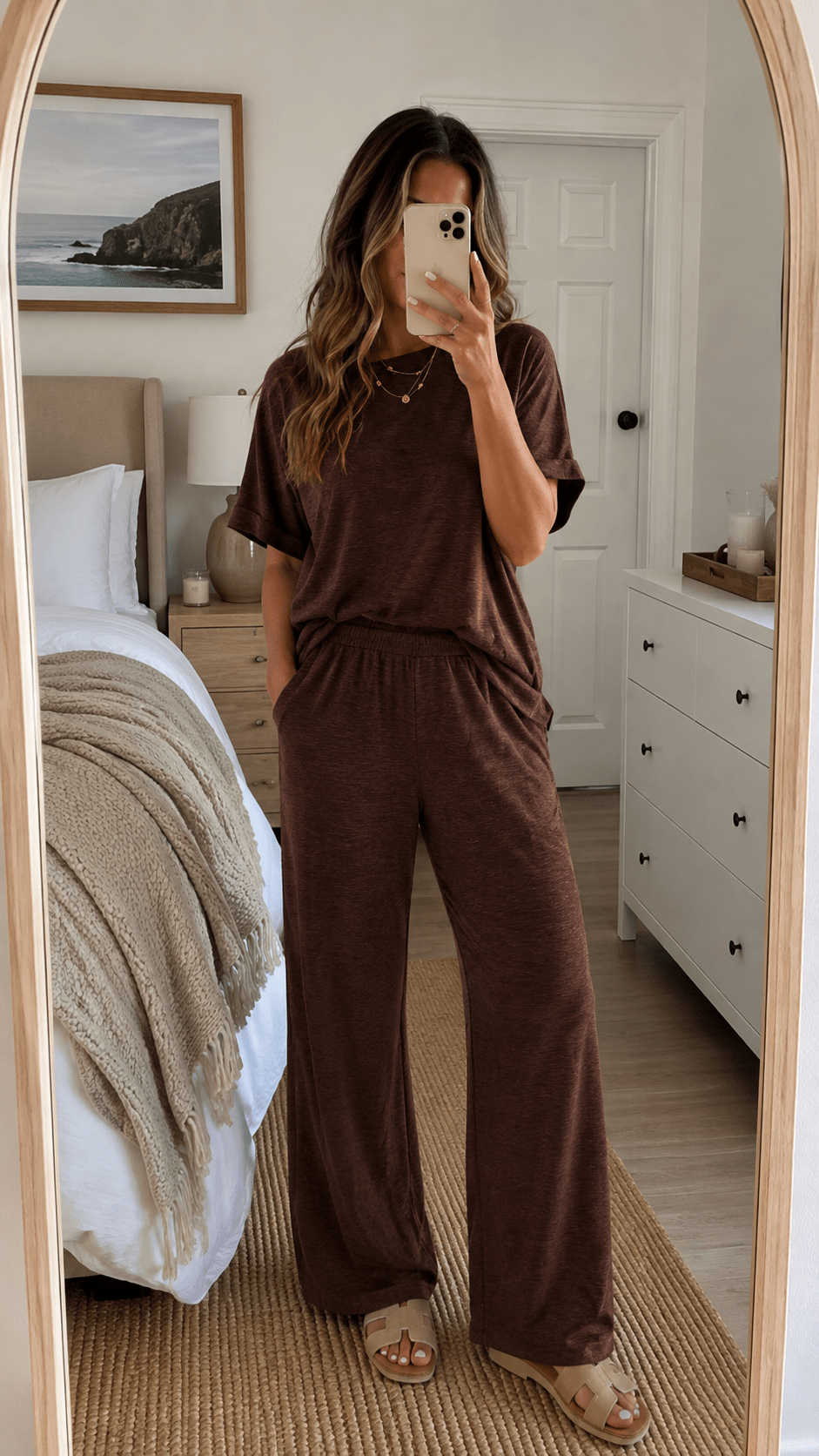 Chocolate brown matching knit lounge set with wide-leg pants