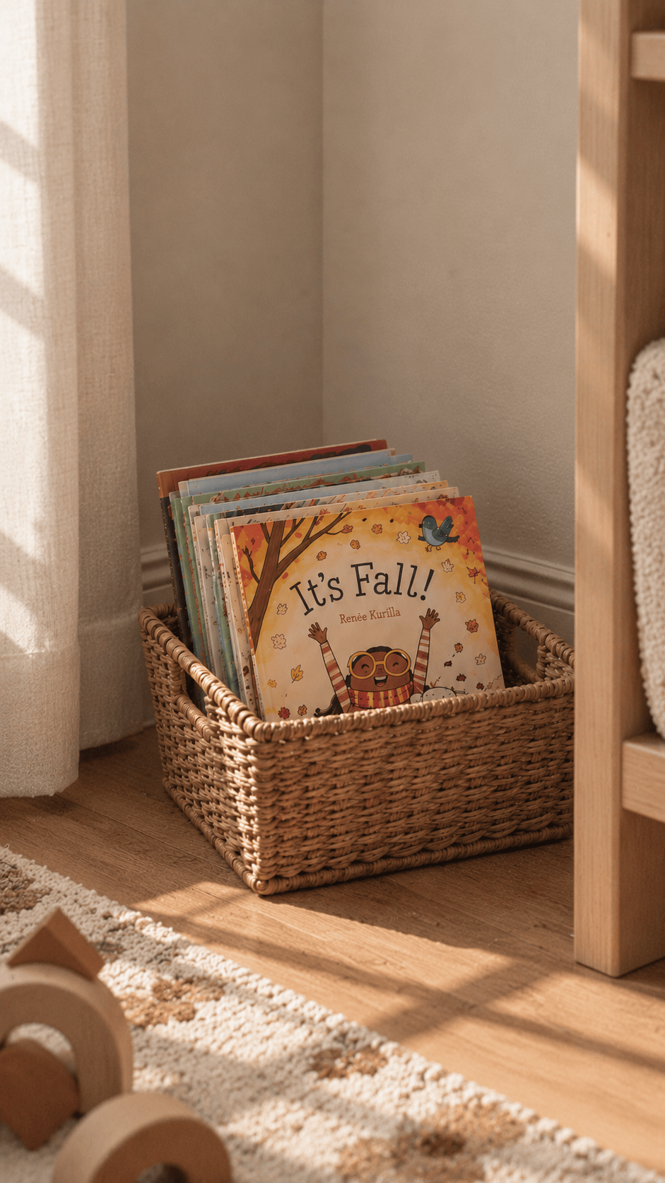 Basket with fall themed books for kids 