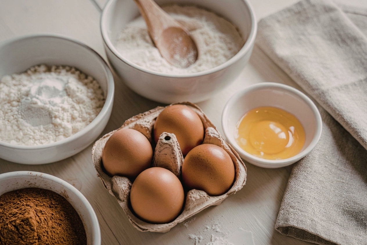 Baking ingredients needed to make homemade cinnamon rolls, including flour, sugar, eggs, and cinnamon. 
