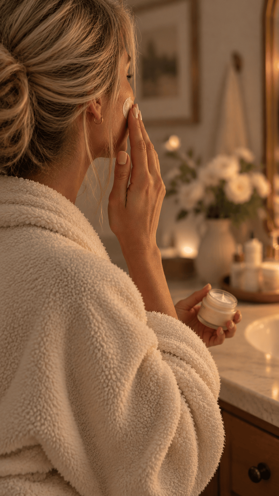 1. Blonde woman in a plush robe applying moisturizer during her nighttime skincare routine in a softly lit bathroom.