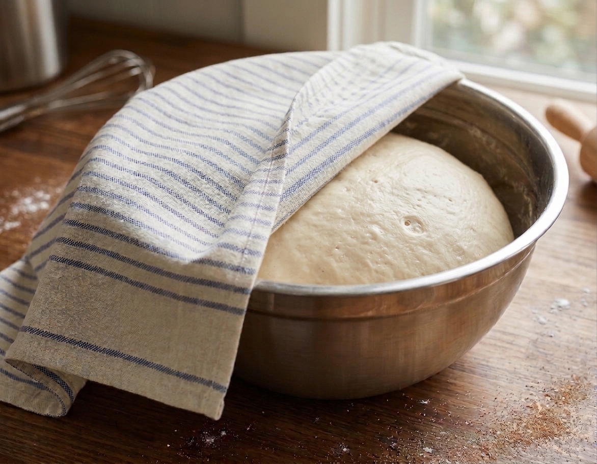 Cinnamon roll dough rising in a stainless steel mixing bowl covered with a kitchen towel. 