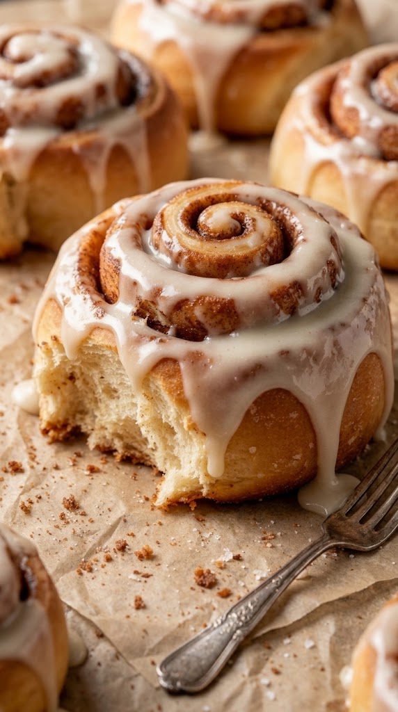 Freshly baked cinnamon rolls with cream cheese frosting on a baking tray