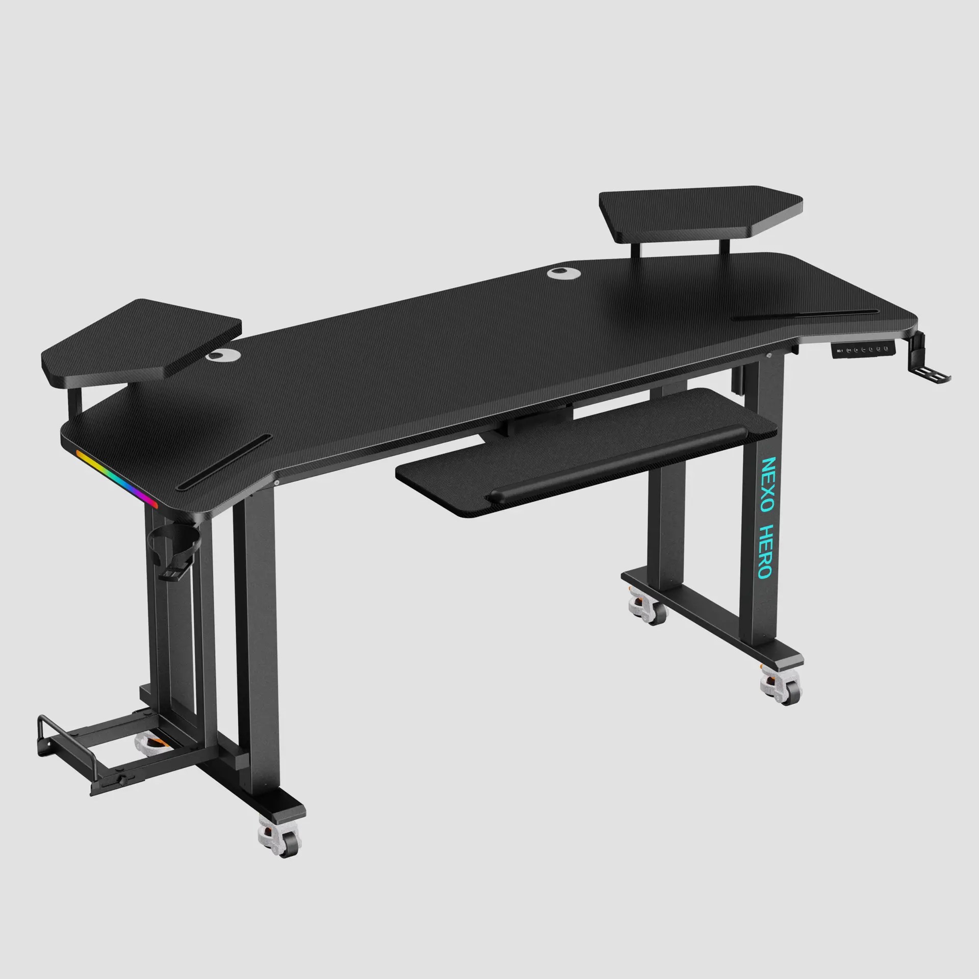 NexoHero Pro 4-leg gaming standing desk with dual monitor setup and accessories