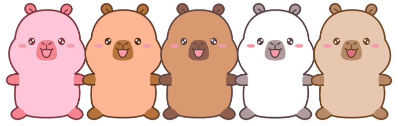 The CapyFun capybara friends Cali, Cavin, Capy, Coco and Cody