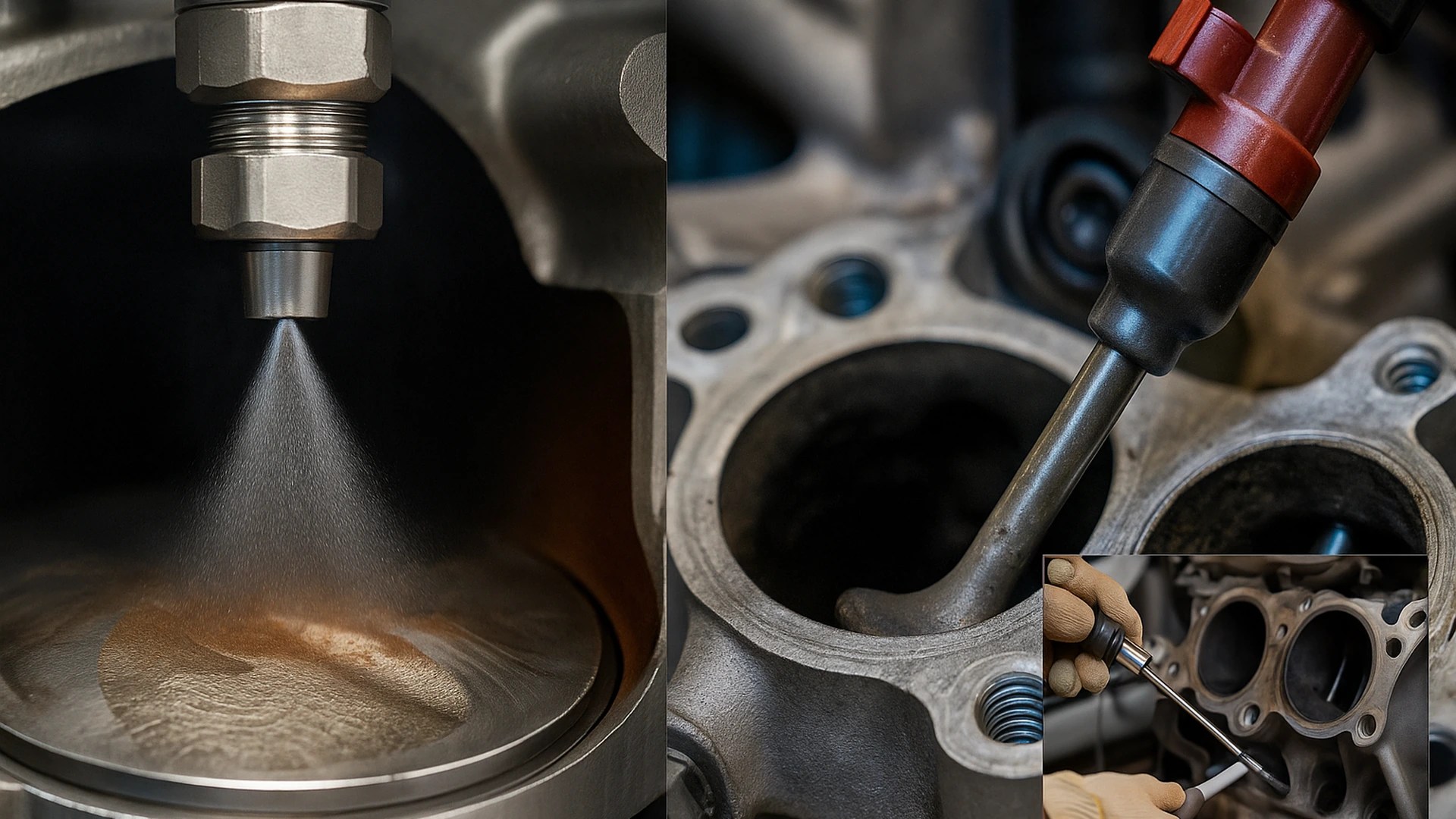 Split macro: direct injector spraying onto a piston (left) vs port injector aimed at the back of an intake valve (right), with a small inset showing walnut blasting of intake valves—brand-neutral.