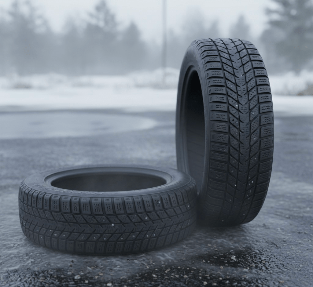 A pair of aggressive winter tires with deep sipes and biting edges for a guide on winter summer all-season tires.