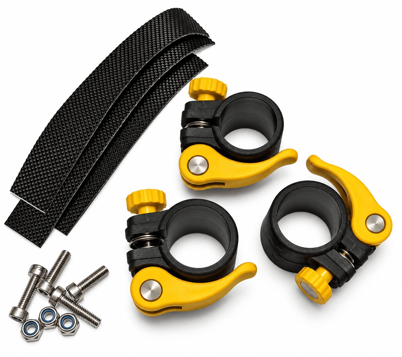 Yellow complete quick-lock replacement kit for 26 ft carbon fiber pool pole with 3 clamps, hardware and anti-slip tape