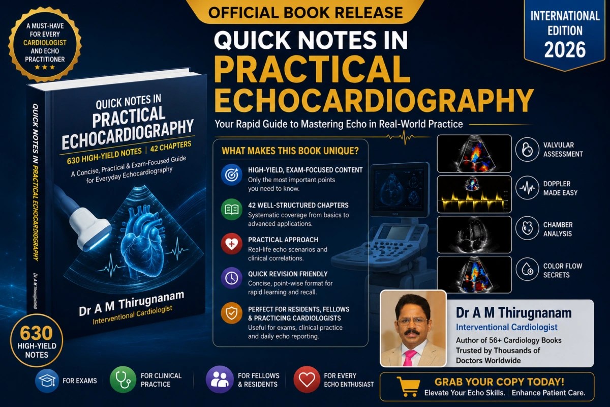 Official book release of Quick Notes in Practical Echocardiography by Dr A M Thirugnanam featuring 630 high-yield notes across 42 chapters.
