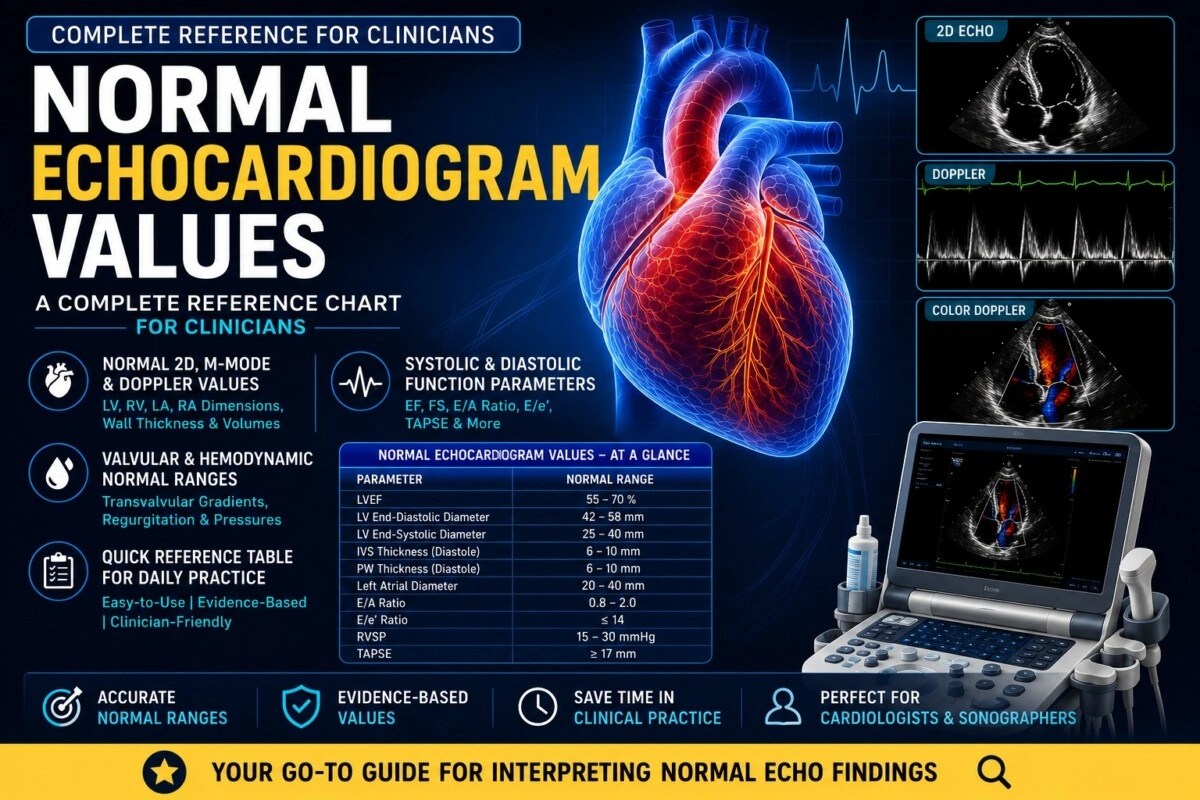 Complete normal echocardiogram values reference chart showing 2D echo, M-mode, Doppler, Color Doppler, LVEF, LV dimensions, TAPSE, E/A ratio, E/e′ ratio and normal cardiac measurements for clinicians.