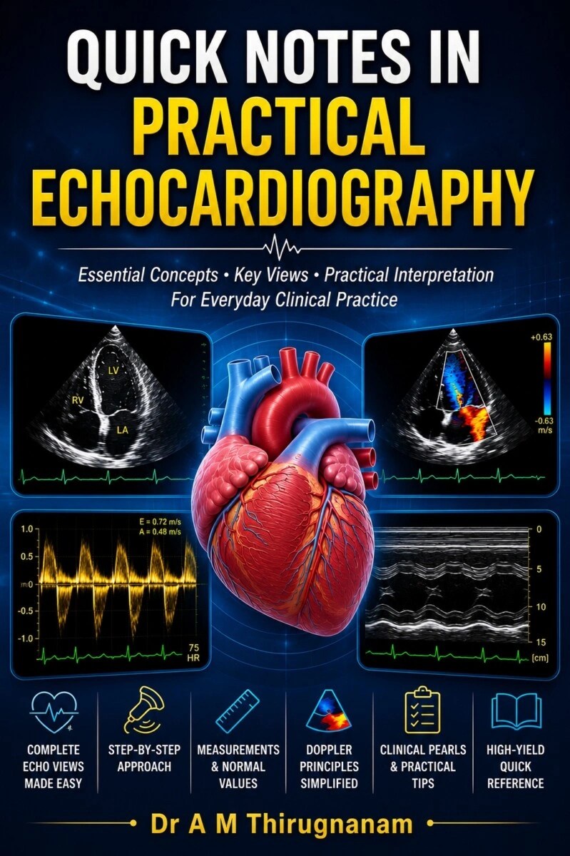 Echocardiography Quick Notes eBook by Dr A M Thirugnanam featuring 430 quick notes across 42 chapters on cardiac ultrasound, Doppler echocardiography, cardiac imaging, and clinical interpretation.