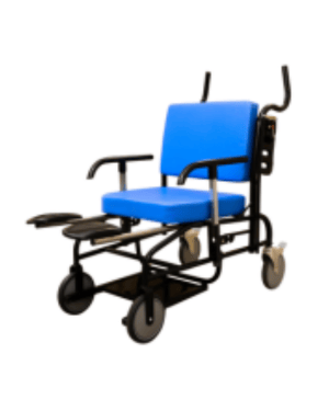 Our Porta 225 chair, with blue leather which can be customised, retractable leg rests, IV drip pole, and retractable arm rests.