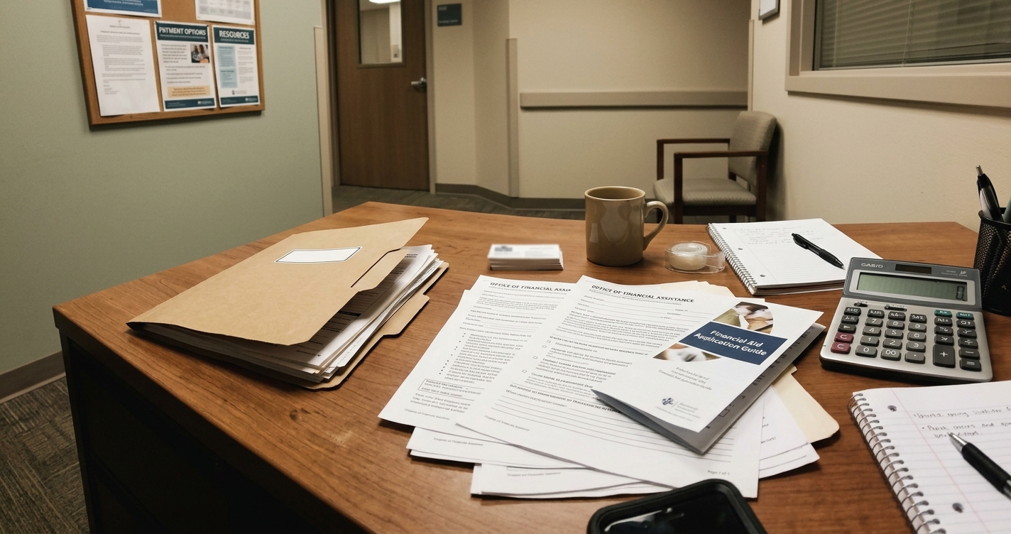 A desk with paperwork and a calculator at a hospital financial assistance office