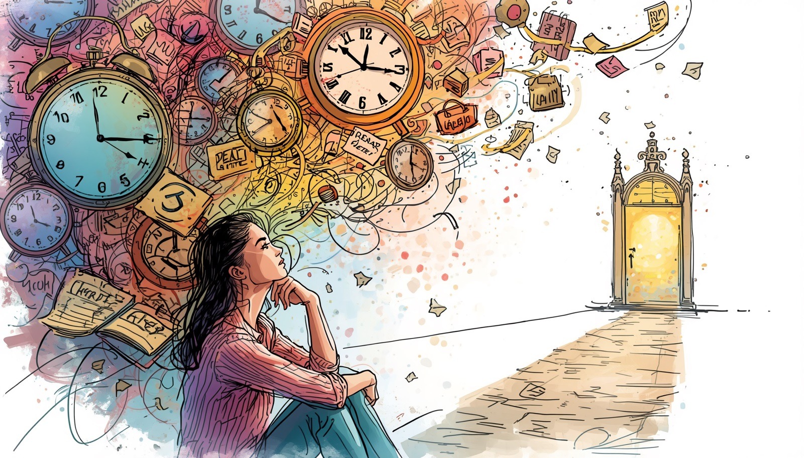 Young women feeling overwhelmed by time pressure, mental load, and delayed calm while looking toward a peaceful doorway.