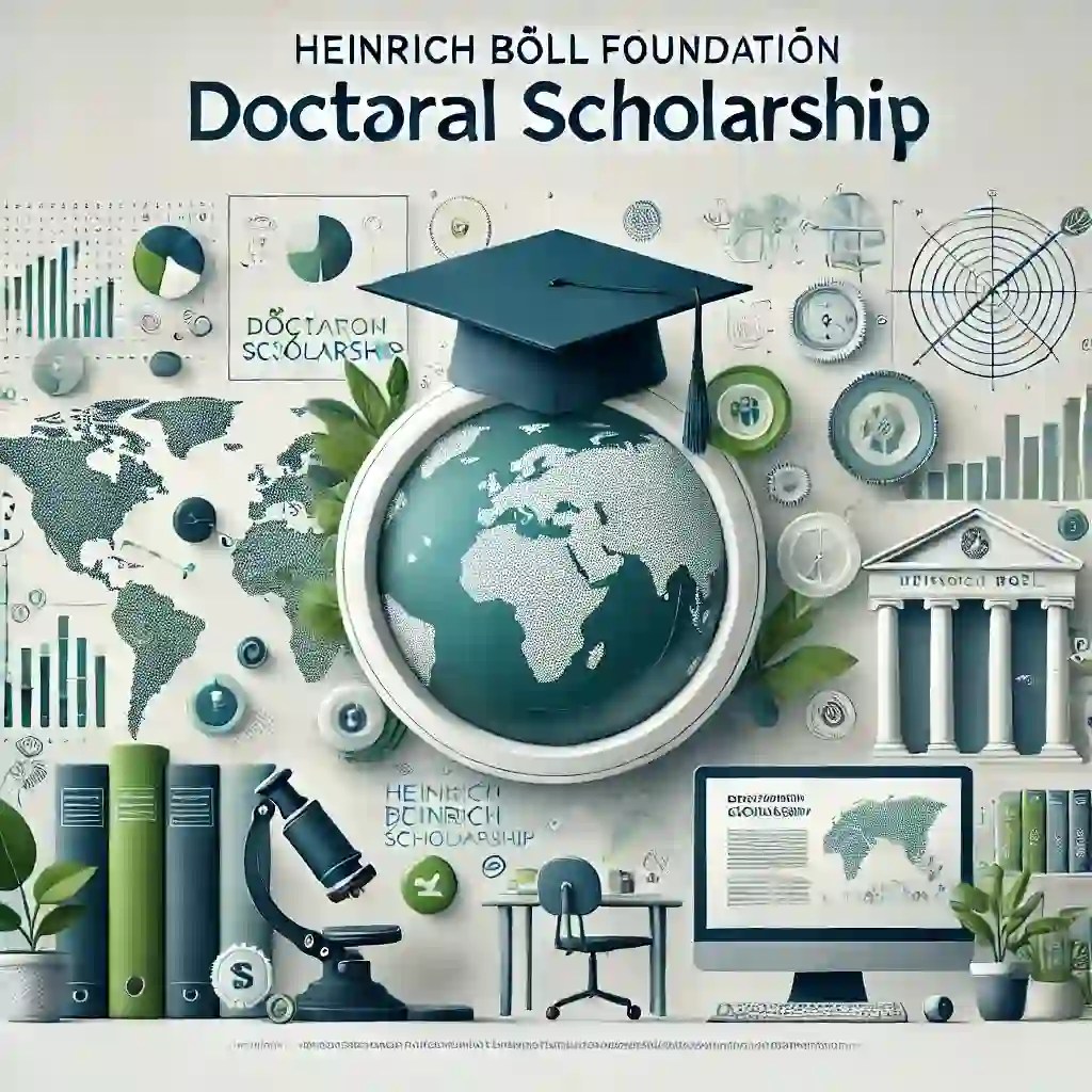 A modern academic-themed design with books, graduation cap, world map, and scholarship title displayed prominently.