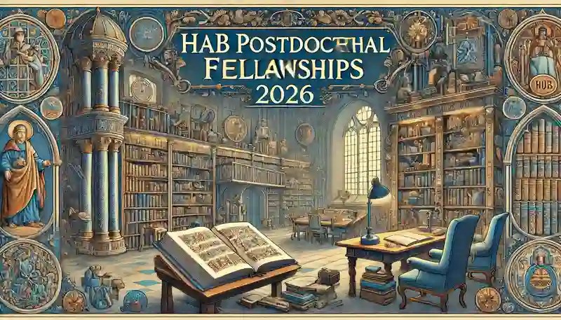A visually appealing banner showcasing HAB Postdoctoral Fellowships 2026 with historical books and manuscripts.