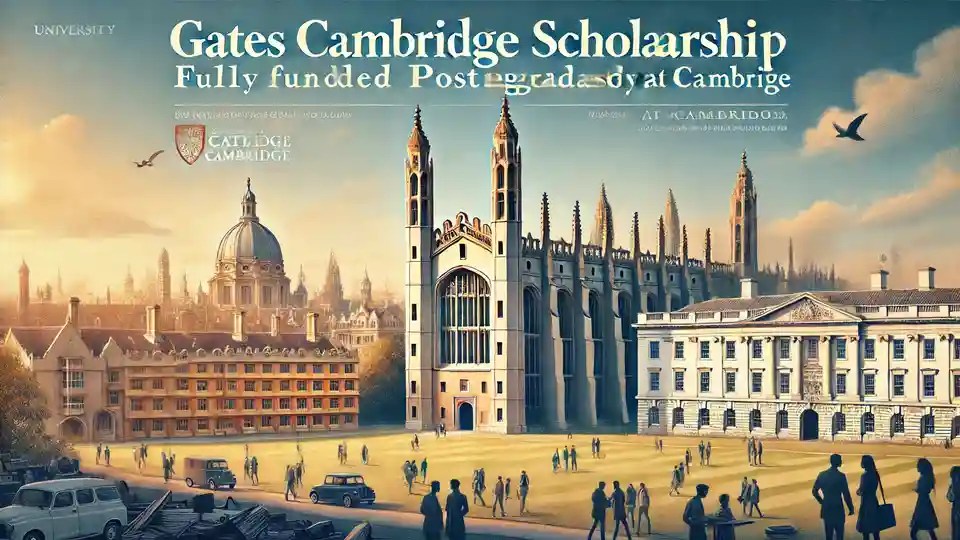 Cambridge University’s historic architecture with students walking and a Gates Cambridge Scholarship announcement overlay.